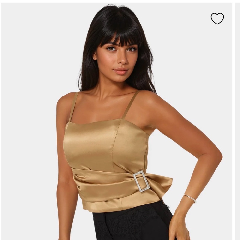bebe Gold Satin Square Neck Cami with Buckle Detail